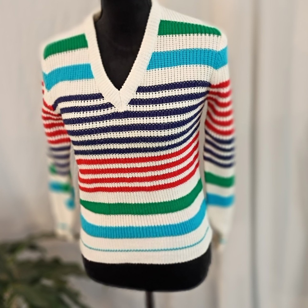 Vintage TRY Womens Multi Color Striped V-Neck Knit Sweater White Medium